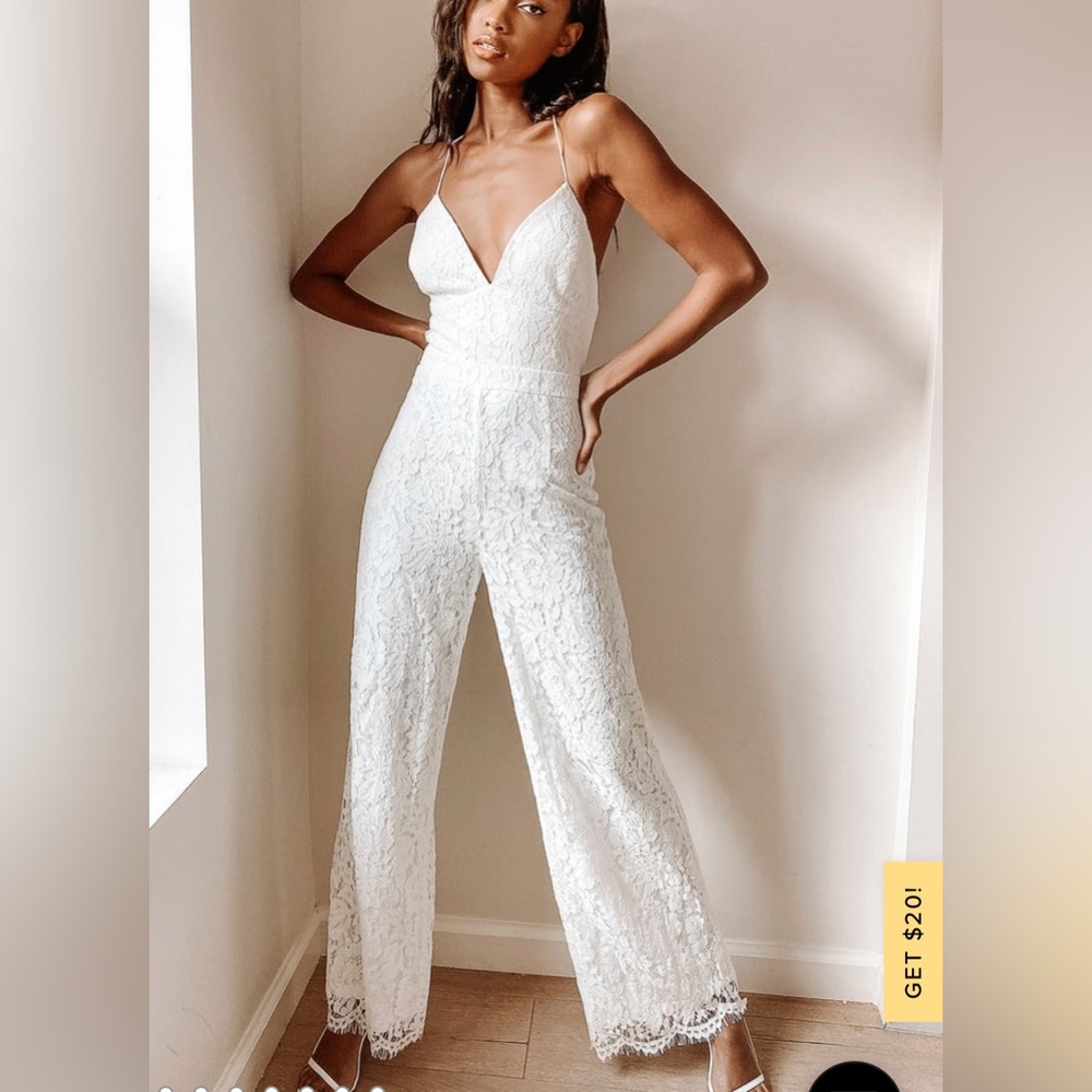 All About Tonight White Lace Wide-Leg Lace-Up Bridal Jumpsuit